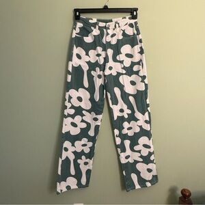 Bailey Rose women’s flower power Green White Jean high waisted wide leg size S